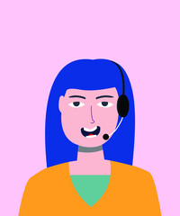 A woman welcomes at the reception. Answering the questions in a microphone, headset. Avatar. Vector Flat Illustration.