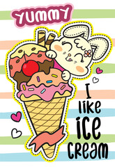 Cute bunny with big ice cream cartoon for t shirt