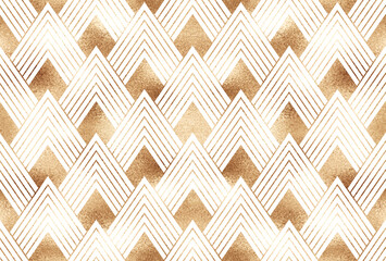 Art deco seamless pattern with gold geometric shapes and golden glitter texture on white background.