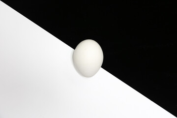 Single white egg on centered on diagonal black and white background