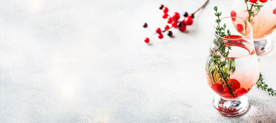 Winter alcoholic cocktail with red berries, liquor, gin, thyme and vodka for Christmas or New Year. Holiday table setting. Panoramic banner with copy space - obrazy, fototapety, plakaty