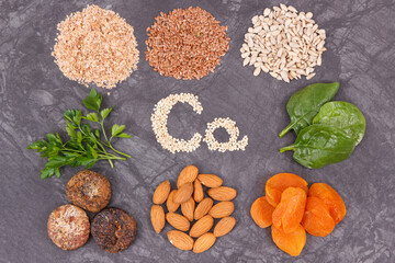 Nutritious eating containing calcium. Healthy nutrition as source vitamins, minerals and fiber
