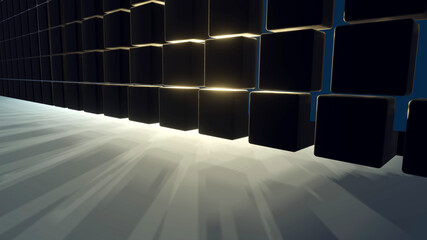 Black tile wall with its cleft space and interference shadow on a glass floor (3D Rendering)