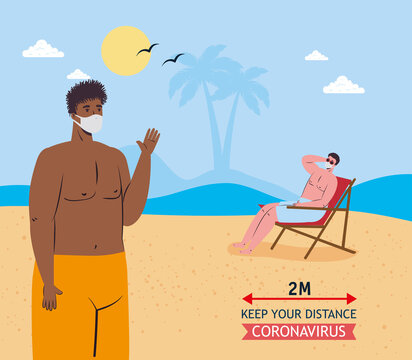 Social distancing between boys with medical masks at the beach design, Summer vacation tropical and covid 19 virus theme Vector illustration
