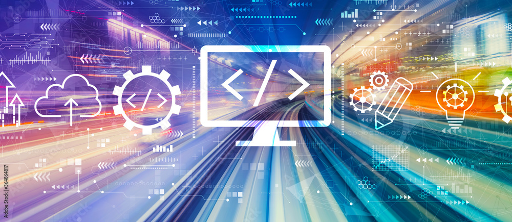 Poster web development concept with abstract high speed technology pov motion blur