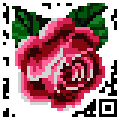 Rose flower pixel icon, vector Illustration in QR code style on white background.