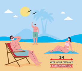 Obraz na płótnie Canvas Social distancing between boys and girl with medical masks at the beach design, Summer vacation tropical and covid 19 virus theme Vector illustration