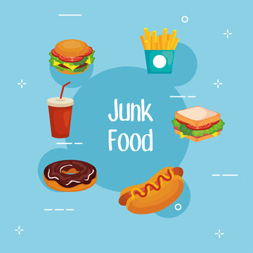 junk food on blue background design, eat restaurant and menu theme Vector illustration