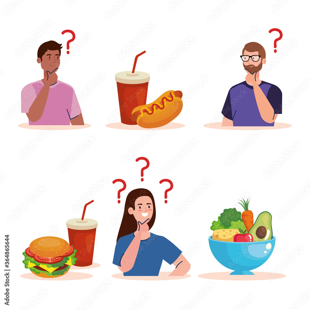 Sticker men and woman thinking what to eat design, junk or healthy food decision theme vector illustration