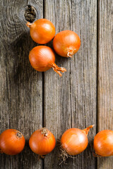 onions on weathered old wood table background