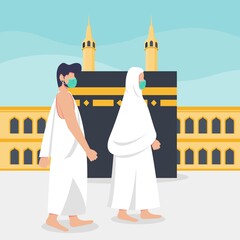 Hajj and umrah islamic pilgrimage ritual guide during pandemic covid-19. Flat style vector illustration of muslim characters perform tawaf by wearing mask to prevent corona virus spread.