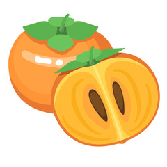 Fresh Persimmon fruit and Persimmon slice on white background. Vector illustration flat cartoon design.
