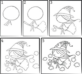 vector cartoon how to drawing witch