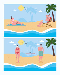 Social distancing between boys and girls with medical masks at the beach design, Summer vacation tropical and covid 19 virus theme Vector illustration