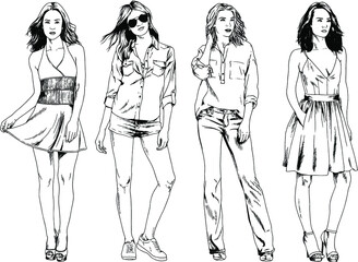 Plakat vector drawings on the theme of beautiful slim sporty girl in casual clothes in various poses painted ink hand sketch with no background