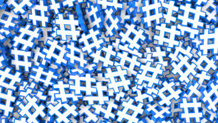 Hashtag blue and white icons 3D render background.