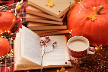 Naklejka na ściany i meble Autumn books.Autumn cozy reading. Books and a cup of tea, a checkered scarf, a large orange pumpkin, red berries and a shining garland on a wooden table..NaNoWriMo Writing Autumn Marathon.Fall time