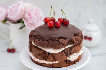 chocolate cherry sponge cake with chocolate frosting