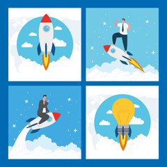 men with rockets and light bulb design, Start up plan idea strategy and marketing theme Vector illustration