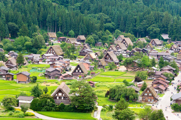 Gassho-zukuri houses at Ogimachi Village in Shirakawago, Gifu, Japan. It is part of UNESCO World Heritage Site - Historic Villages of Shirakawa-go and Gokayama.