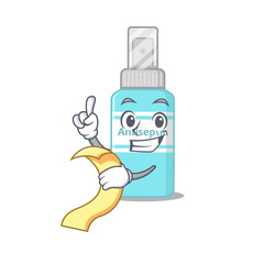 Antiseptic mascot character style with food and beverage menu on his hand