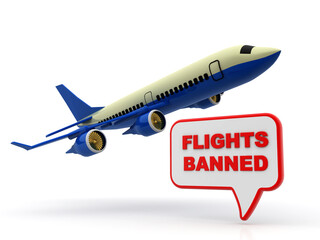 Cancelled, Banned flight and no-flight airplane symbol. Crisis concept of airlines, business travel, and tourism. Lockdown for Coronavirus COVID-19 epidemic. Isolated on white background. 3d render