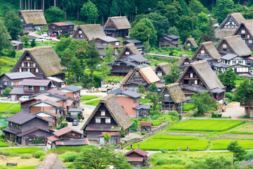 Gassho-zukuri houses at Ogimachi Village in Shirakawago, Gifu, Japan. It is part of UNESCO World Heritage Site - Historic Villages of Shirakawa-go and Gokayama.