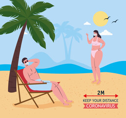 Obraz na płótnie Canvas Social distancing between boy and girl with medical masks at the beach design, Summer vacation tropical and covid 19 virus theme Vector illustration