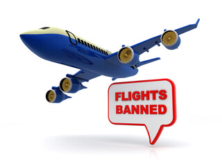 Cancelled, Banned flight and no-flight airplane symbol. Crisis concept of airlines, business travel, and tourism. Lockdown for Coronavirus COVID-19 epidemic. Isolated on white background. 3d render
