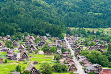 Gassho-zukuri houses at Ogimachi Village in Shirakawago, Gifu, Japan. It is part of UNESCO World Heritage Site - Historic Villages of Shirakawa-go and Gokayama.