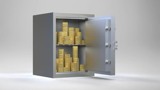 3d rendering metallic bank safe or steel safe with gold coins HD footage