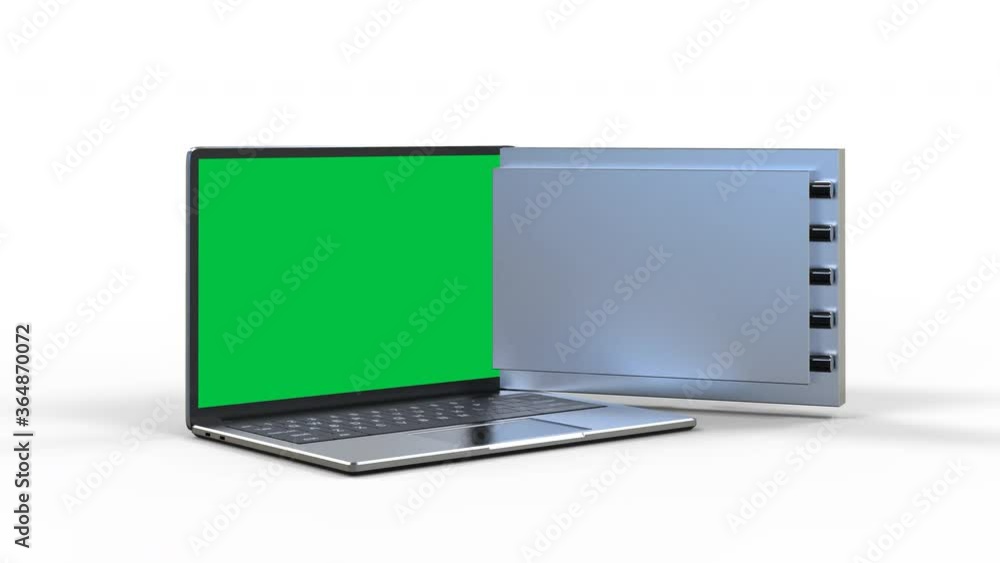 Poster online security concept with 3d rendering vault door on computer notebook 4k footage