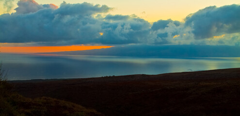 Cloud Filled Sunrise Over The Kalohi Channel With Molokai Island in The Distance, Lanai, Hawaii, USA