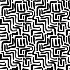 Geometric vector seamless pattern. Labyrinth and maze grunge brush stroke pattern. Square and rectangle scribble lines. Mosaic hand drawn ink illustration. Black paint geometric background.