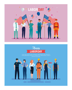 workers with usa flags and balloons design, Labor day holiday and patriotic theme Vector illustration