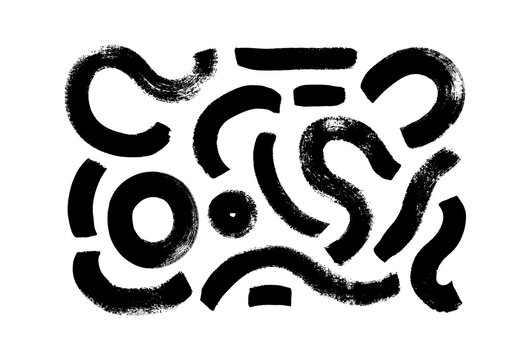 Black paint brush strokes vector collection. Hand drawn curved and wavy lines with grunge circles. Chaotic ink brush scribbles decorative set. Messy doodles, bold curvy lines illustration.