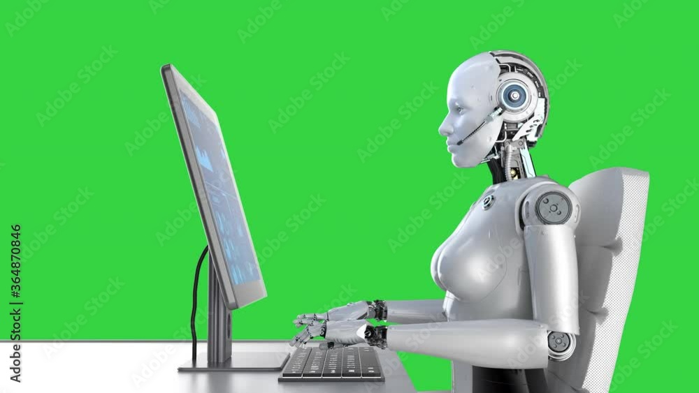 Poster automation worker concept with 3d rendering female cyborg working with computer 4k footage