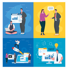 businesspeople with rocket websites computer and laptop design, Start up plan idea strategy and marketing theme Vector illustration