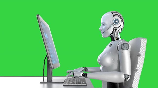 Automation worker concept with 3d rendering female cyborg working with computer 4k footage