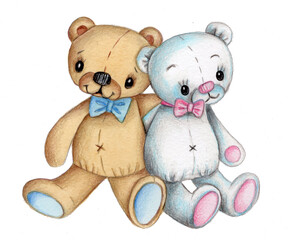 Watercolor hand drawn illustration of cute teddy bears sitting, brown abd white. Isolated.