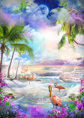 Beautiful sea view from the garden of orchids and palm trees. Pink sunrise and flamingos on the shore. Paradise Island. Digital collage, mural and fresco. Wallpaper. Poster. Modular panno. 