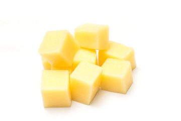 Close Up of Mozzarella Cheese Cubes Isolated on White Background