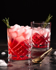 Summer Fruit Cocktails with Rosemary on a Black Background
