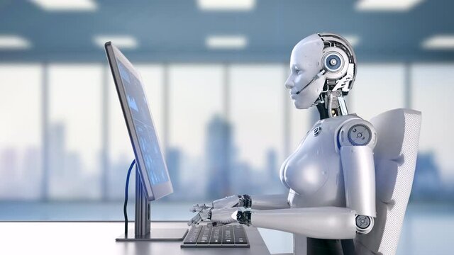 Automation worker concept with 3d rendering cyborg working with computer 4k footage