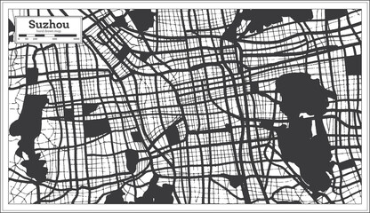 Suzhou China City Map in Black and White Color in Retro Style. Outline Map.