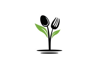 Fork spoon with green leaves  Plant Garden Farm logo design for restaurant