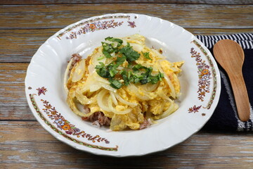 Traditional Egg omelette with sliced fresh onion and coriander topping on cooked rice. Famous fast food in rush hour. Easy and quick meal with cheap price. 