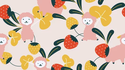 Poster Animal seamless pattern, cute lamas with strawberries and leaves © momosama