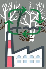 factory on background of defoliated trees with pointed lines in green rectangle 