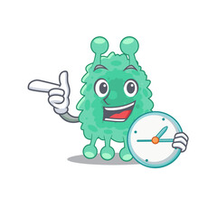 mascot design style of azotobacter vinelandii standing with holding a clock